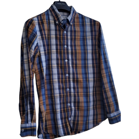 Nick Graham Everywhere Mens Size L Shirt Long Sleeve Button Down Plaid Blue &Tan - Picture 1 of 8
